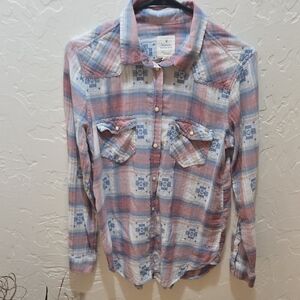 American Eagle Outfitters Pink Blue Plaid Button-Down Shirt